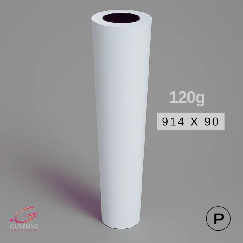 Grand rouleau de papier Sunijet Couché Mat 120g, 914 mm, pour impressions jet d’encre haute performance.