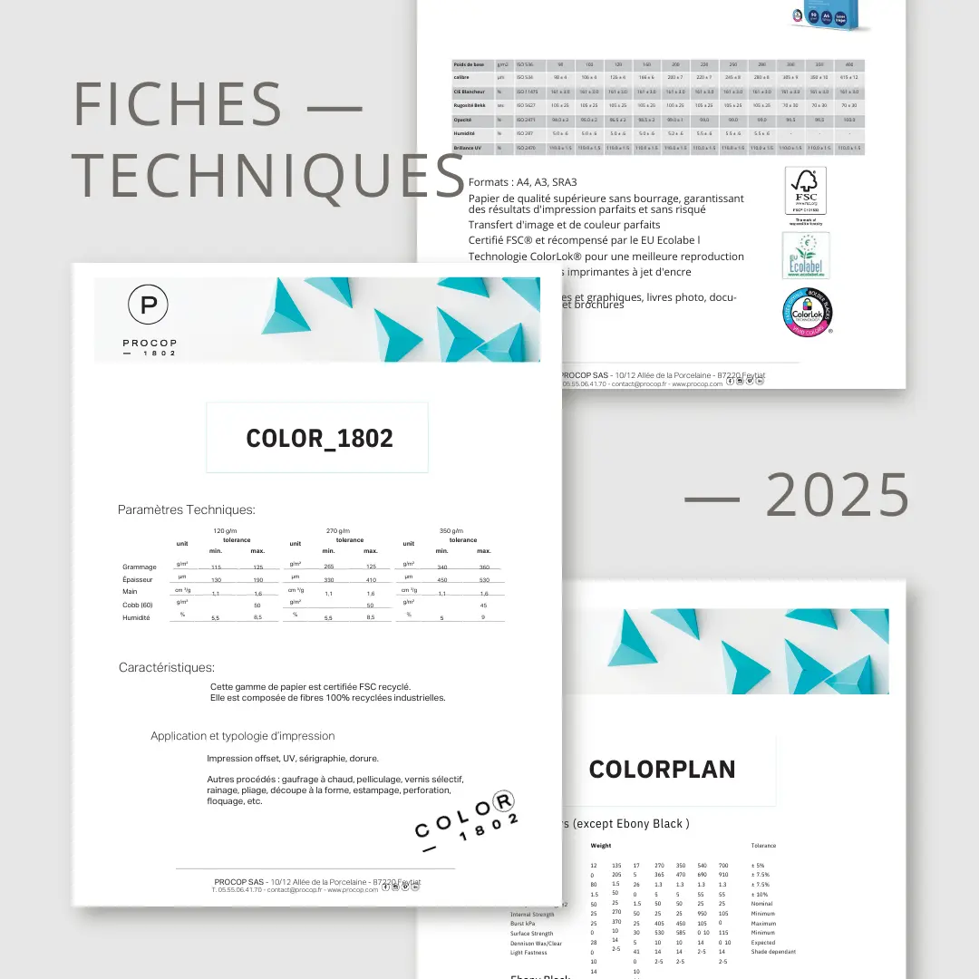 Visuel de fiches techniques papier 2025 Procop, avec tableaux, paramètres techniques et certifications FSC.