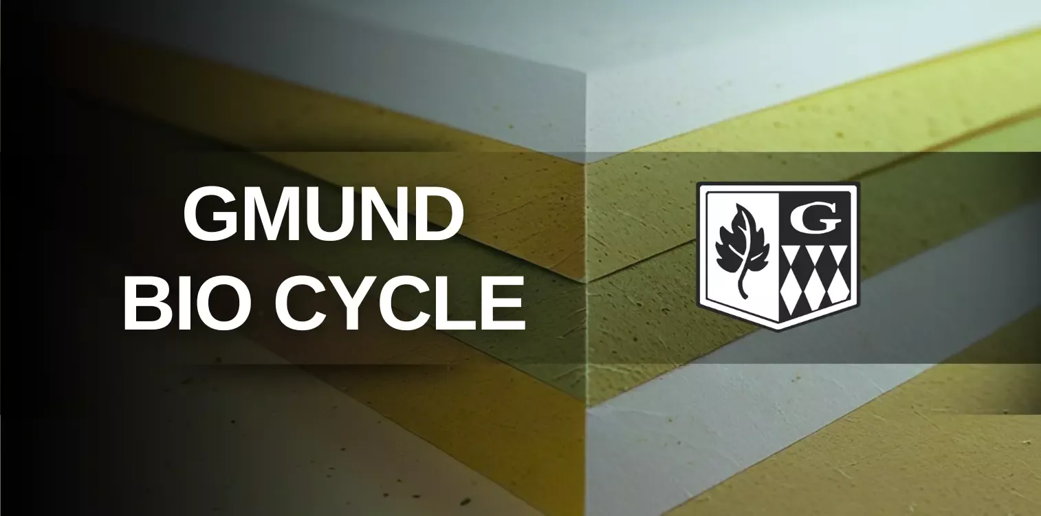 Papier écologique GMUND Bio Cycle avec fibres naturelles visibles, texture organique.